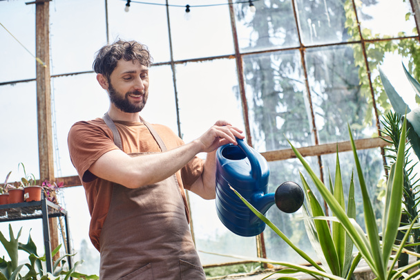 handsome and bearded gardener in apron watering green plants in greenhouse, green thumb - Photo, Image