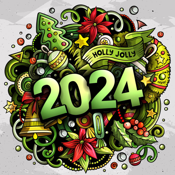 Иллюстрация 2024 каракулей. Новогодние объекты и элементы дизайна плаката. Творческий карикатурный фон праздников. Красочный растровый рисунок - Фото, изображение