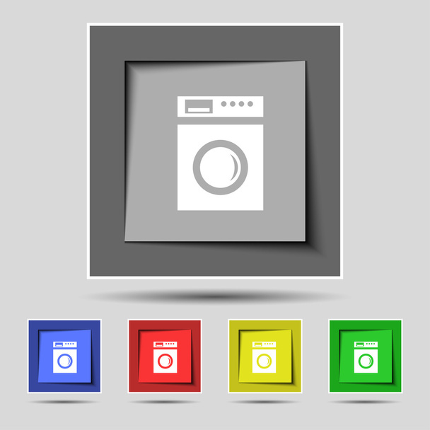 sinal do ícone da máquina de lavar roupa nos cinco botões coloridos originais. Vetor
 - Vetor, Imagem