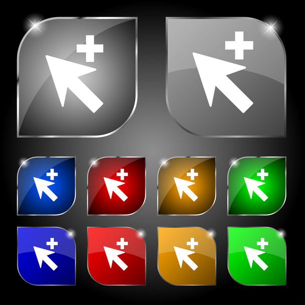 Cursor, arrow plus, add icon sign. Set of ten colorful buttons with glare. Vector - Vektör, Görsel