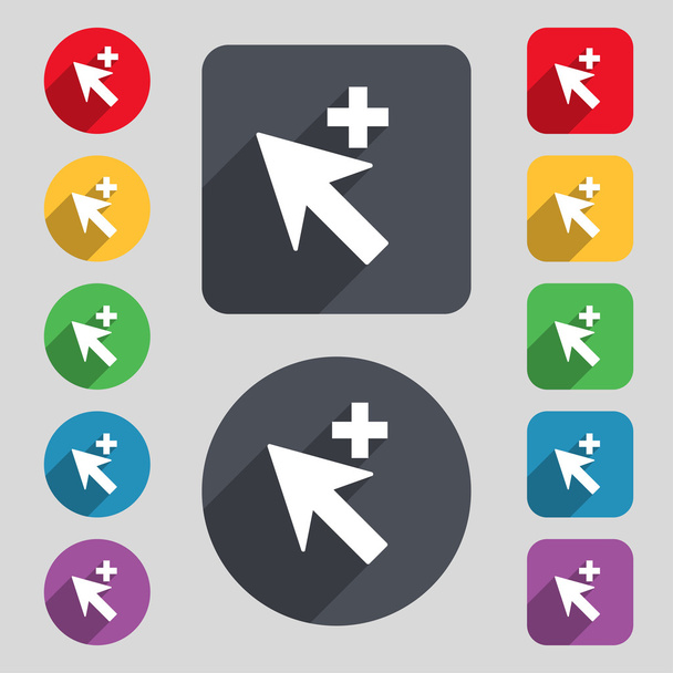 Cursor, arrow plus, add icon sign. A set of 12 colored buttons and a long shadow - Vector, Image