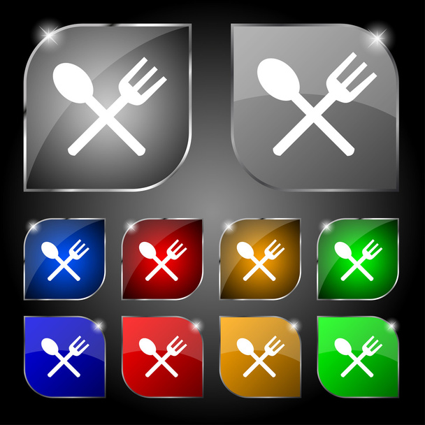 Tenedor y cuchara transversal, Cubertería, Comer signo icono. Conjunto de diez botones de colores con deslumbramiento. Vector
 - Vector, imagen