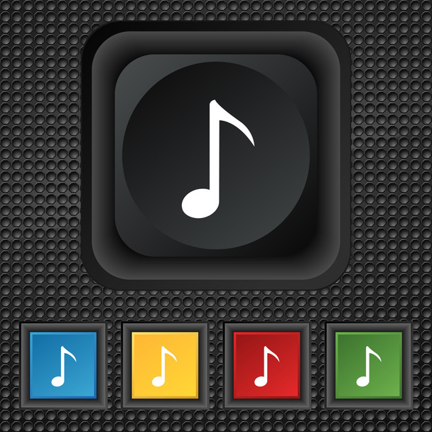 Значок піктограми музичної ноти. символ Квадратні барвисті кнопки на чорній текстурі. Векторні
 - Вектор, зображення