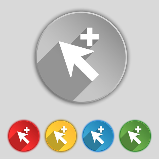 Cursor, arrow plus, add icon sign. Symbol on five flat buttons. Vector - Vektor, obrázek