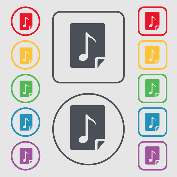 Audio, segno dell'icona del file MP3. simbolo sul Tondo e pulsanti quadrati con cornice. Vettore
 - Vettoriali, immagini