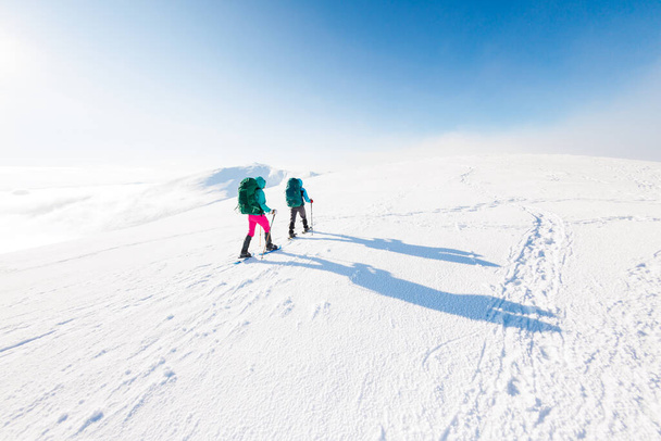 登山者は雪の中で山を登る。 ウィンターマウンテン。 雪の中を歩いている2人の女の子. 登山設備について。 冬の山でハイキング. - 写真・画像