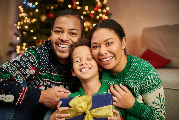 portrait de la famille afro-américaine heureuse dans des pulls chauds étreignant et souriant à la caméra, Noël - Photo, image