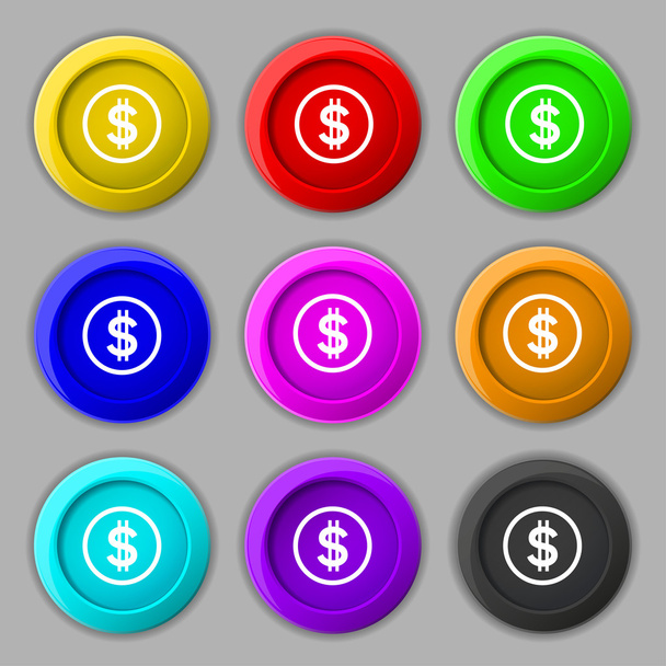 Dollarin ikoni merkki. symboli yhdeksällä pyöreällä värikkäällä painikkeella. Vektori
 - Vektori, kuva