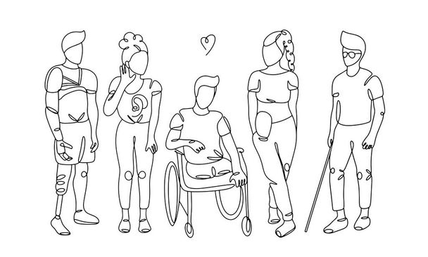 Various people with special needs. Caring for people with disabilities. Tolerance and acceptance. International Day of Disabled Persons. One line drawing for different uses. Vector illustration. - Vector, Image