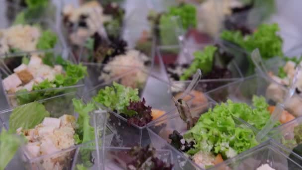 порционные салаты в пластиковых тарелках на столе "шведский стол" на листьях салата с мясным майонезом. красивая презентация вкусной еды на празднике - Кадры, видео