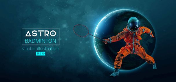 Silueta abstracta de un astronauta jugador de bádminton en acción espacial y Tierra, Marte, planetas en el fondo del espacio. El jugador de bádminton golpea el transbordador. Ilustración Vector 3D render - Vector, imagen