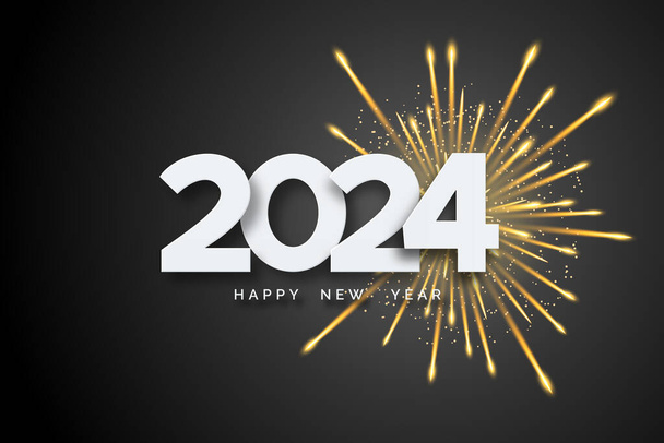 2024 Feliz Ano Novo. Números brancos e fogo de artifício em fundo preto. Feliz Natal e Feliz Ano Novo 2024 cartão de saudação - Vetor, Imagem