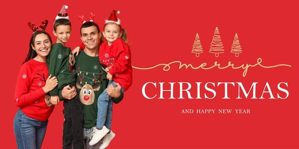 クリスマスセーターで幸せな家族との挨拶バナー - 写真・画像