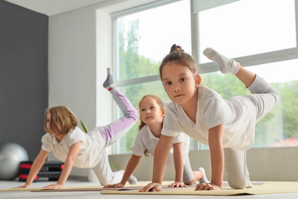 Group of little girls practicing yoga in gym - Photo, Image