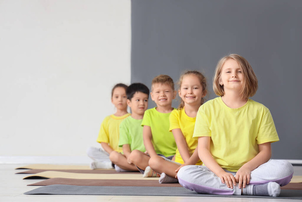 Beden dersinde yoga yapan bir grup çocuk. - Fotoğraf, Görsel