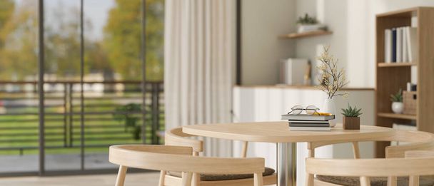 Zkopírujte prostor pro zobrazení vašeho produktu na minimálním dřevěném kulatém stole v moderním světlém obývacím pokoji. detailní záběr. 3D vykreslení, 3D ilustrace - Fotografie, Obrázek