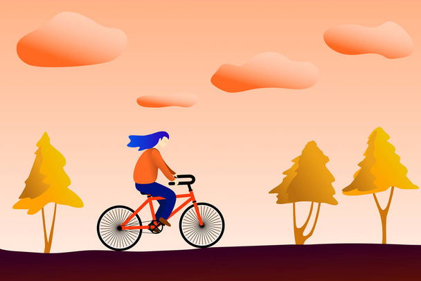 オレンジ色の自転車に乗っている女性は,雲と木で夕日を過ごしています. スポーツリラックスアウトドアレクリエーションのコンセプト. ベクトルイラストの背景. - ベクター画像