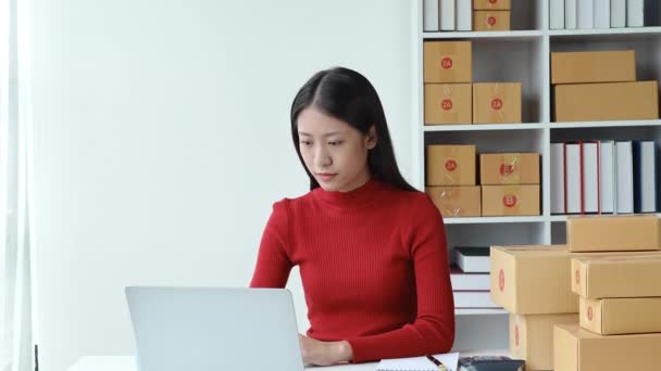 sähköinen kaupankäynti, pienyritykset, sme, kaunis aasialainen nainen ilmaisee stressiä ja turhautumista katsottuaan online-tuotemyynti tietokoneella epäonnistua vastaamaan suunniteltuihin, burnout oireyhtymä käsitteitä. Korkea laatu - Materiaali, video