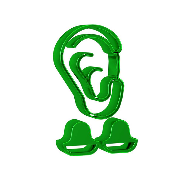 Зеленые беруши и иконка уха изолированы на прозрачном фоне. Знак затычка для ушей. Символ шума. Концепция качества сна.  - Фото, изображение