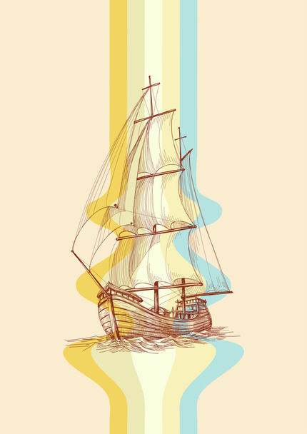 Vintage design waves and sailing boat - Vettoriali, immagini