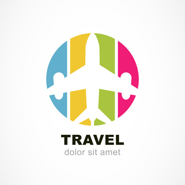 Flight airplane silhouette and colorful stripe background. Trave - Vector, Image