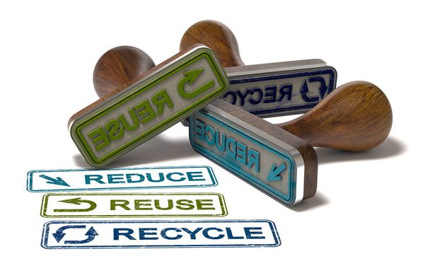 Tres sellos de goma con las palabras reducen, reutilizan y reciclan sobre fondo blanco. Concepto de gestión de residuos. Ilustración 3D. - Foto, Imagen