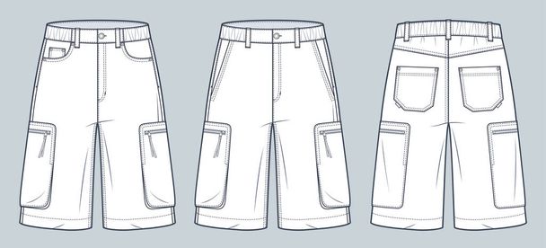 Φορτίο Shorts τεχνική απεικόνιση μόδας. Denim Short Pants fashion flat technical drawing template, λάστιχο στη μέση, τσέπες, μπροστά, πίσω όψη, λευκό, γυναικεία, ανδρικά, unisex CAD mockup set. - Διάνυσμα, εικόνα