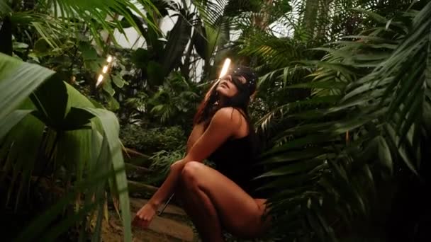 Sexy Frau in einer BDSM Katzenmaske posiert in einem tropischen Garten unter Palmen. BDSM Konzept.4k - Filmmaterial, Video