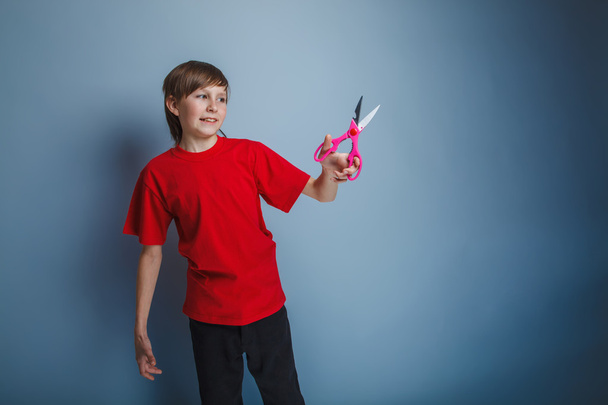 підліток хлопчик європейських появи в червоній сорочці проведення коричнева - Фото, зображення