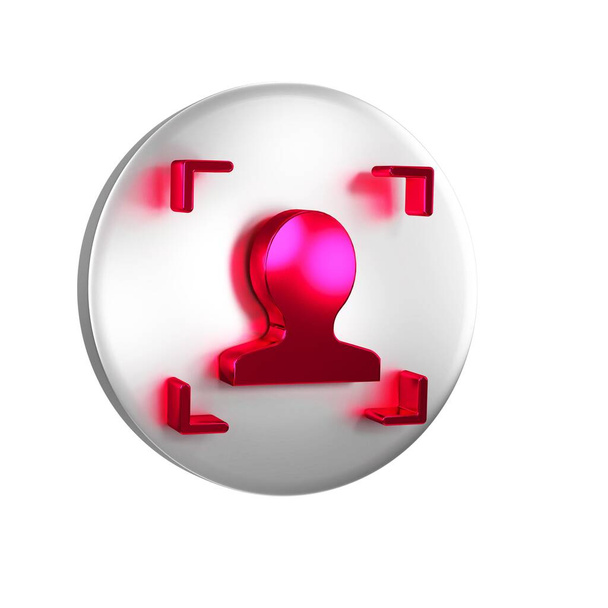 Red Face recognition icon isolated on transparent background. Face identification scanner icon. Facial id. Cyber security concept. Silver circle button.. - Photo, Image