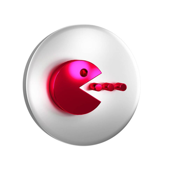 Pacman rosso con icona mangiare isolato su sfondo trasparente. Icona del gioco arcade. Firma di Pac man. Pulsante cerchio argento. - Foto, immagini
