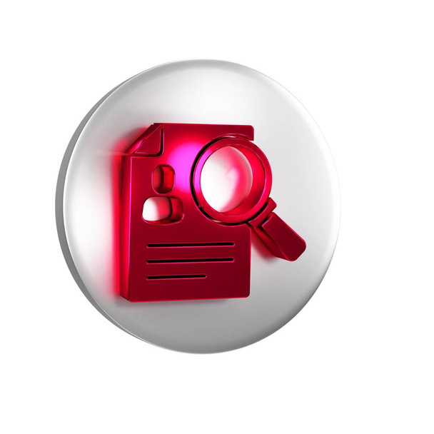 Rotes Dokument, Papier Analyse Lupe Symbol isoliert auf transparentem Hintergrund. Beweissymbol. Silberkreis-Knopf. - Foto, Bild