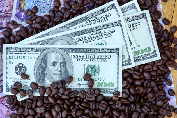Dinero y grano de café asado
. - Foto, Imagen