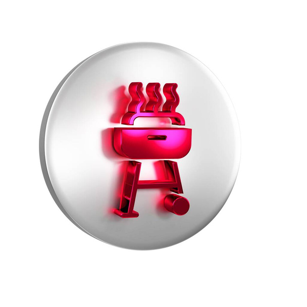Red Barbecue grill icon isolated on transparent background. BBQ grill party. Silver circle button. - Photo, Image