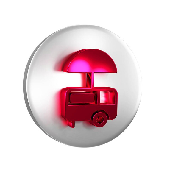 Red Fast street food cart with awning icon isolated on transparent background. Urban kiosk. Ice cream truck. Silver circle button. - Photo, Image