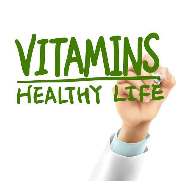 ビタミンの健康的な生活の単語を書く医師 - ベクター画像