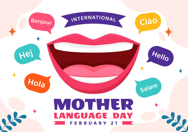Международный день родного языка Векторная иллюстрация 21 февраля с мамой говорит привет в нескольких языках мира в плоских детей мультфильм фон - Вектор,изображение