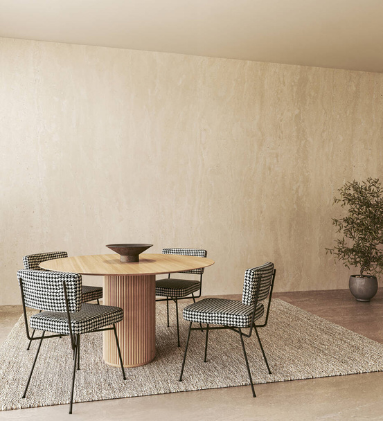 Área de comedor moderna con sillas houndstooth en blanco y negro, mesa de madera cilíndrica y alfombra texturizada en un espacio minimalista de renderizado 3d. - Foto, Imagen