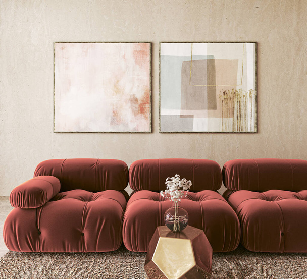 A pair of abstract paintings adorn the wall above sumptuous red sofas, complemented by a gold hexagonal table in a 3d render scene. - Photo, Image