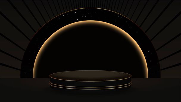 Pódio cilíndrico volumétrico com anéis de ouro perto de um arco iluminado sobre um fundo preto - Vetor, Imagem