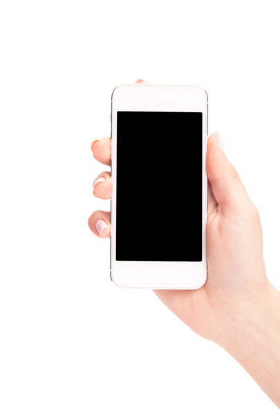 Kädestä tilalla valkoinen älypuhelin tyhjä näyttö valkoinen backgro
 - Valokuva, kuva