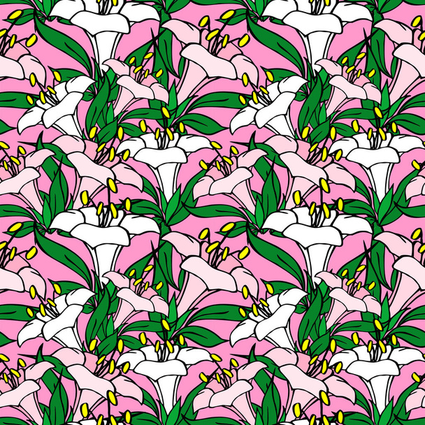padrão gráfico simétrico sem costura de flores brancas e rosa em um fundo rosa, texter, design - Vetor, Imagem