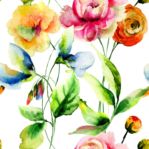 Seamless wallpaper with wild flowers - Foto, Imagen