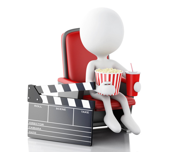 3d white people with clapper board, popcorn and drink. - Photo, Image