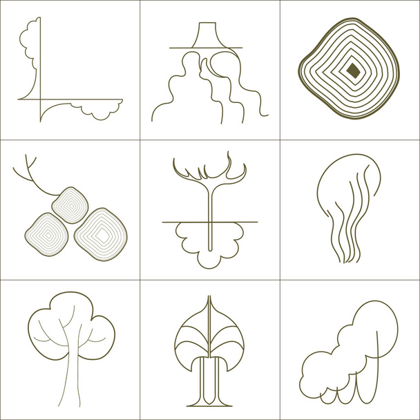Set of icons, symbols of green plants, trees, roots and crowns a green silhouette on a white background - Vektör, Görsel