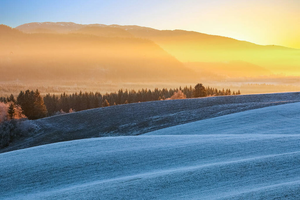 Frost im Agrargebiet Tillermarka nahe der norwegischen Stadt Trondheim - Foto, Bild