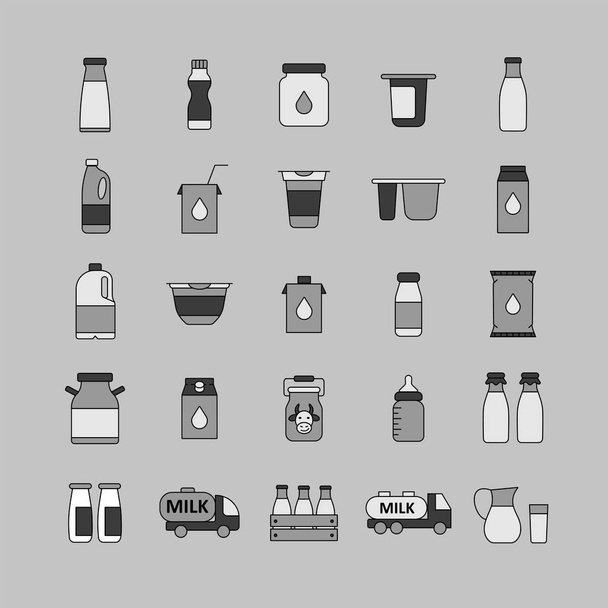 ミルク缶とボトルベクターグレースケールアイコン. 乳製品サイン。 Webサイトとアプリのデザイン,ロゴ,アプリ,UIを調理するためのグラフシンボル - ベクター画像