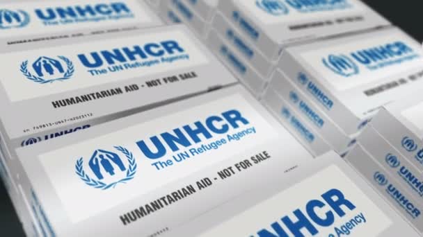 Poznan, Polen, 12. November 2023: UNHCR-Hilfspaket. Humanitäre Hilfe des UN-Flüchtlingshilfswerks. Abstraktes Konzept 3D loopable nahtlose Animation. - Filmmaterial, Video