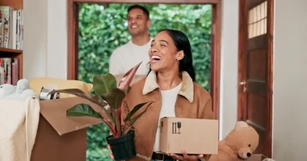 Happy couple, moving and boxes in new home, real estate and property investment in relocation. Man, woman and walking with cardboard box to apartment, house ownership and dream goals of mortgage loan. - Footage, Video