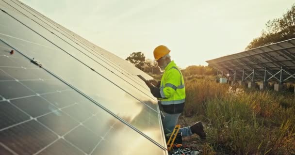 Man at solar panel farm for inspection, renewable energy and outdoor electricity maintenance. Sustainability, photovoltaic power grid and technician with electrical system, tablet and service - Footage, Video